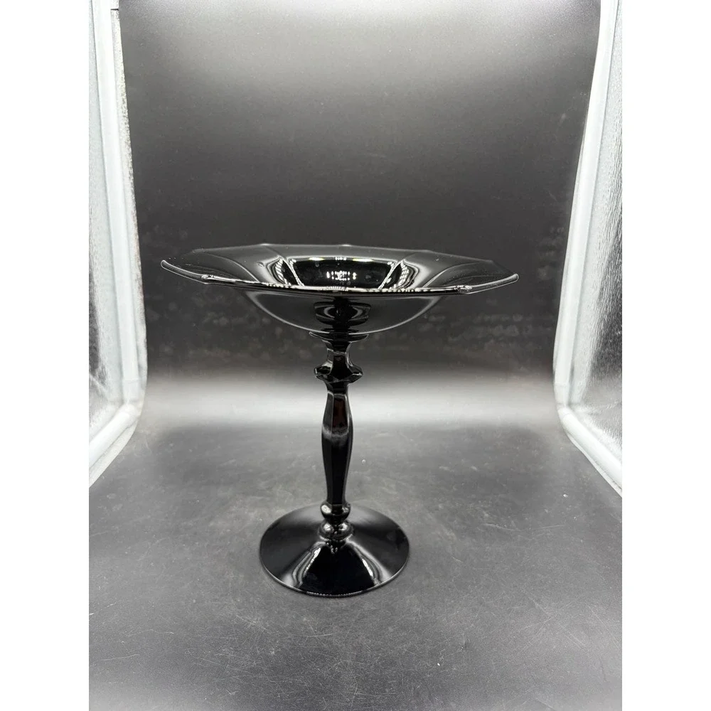 Vintage Black Amethyst Glass Compote Pedestal Dish Octagonal Rim 7.25 inch